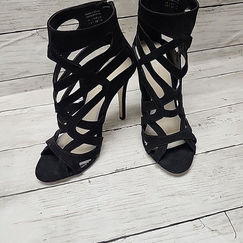 ALDO Black Strappy Sandal Faux Suede Stiletto High Heel Shoes Womens Size 7.5 - Picture 7 of 11